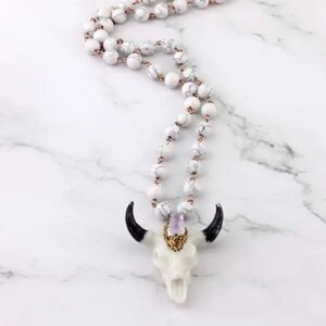 Marble Beaded Necklace with Bull Pendant And Amethyst Precious Stone